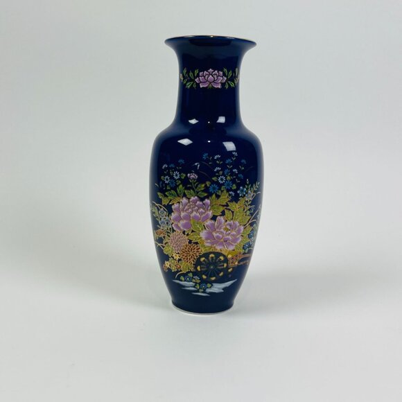 Vintage Japanese Cobalt Blue Floral Vase Hand Painted Gold Accents 10” Tall Orie - Picture 1 of 9